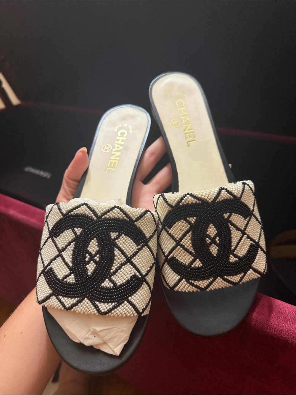 CHANEL Black & White Beaded CC Slide Mules